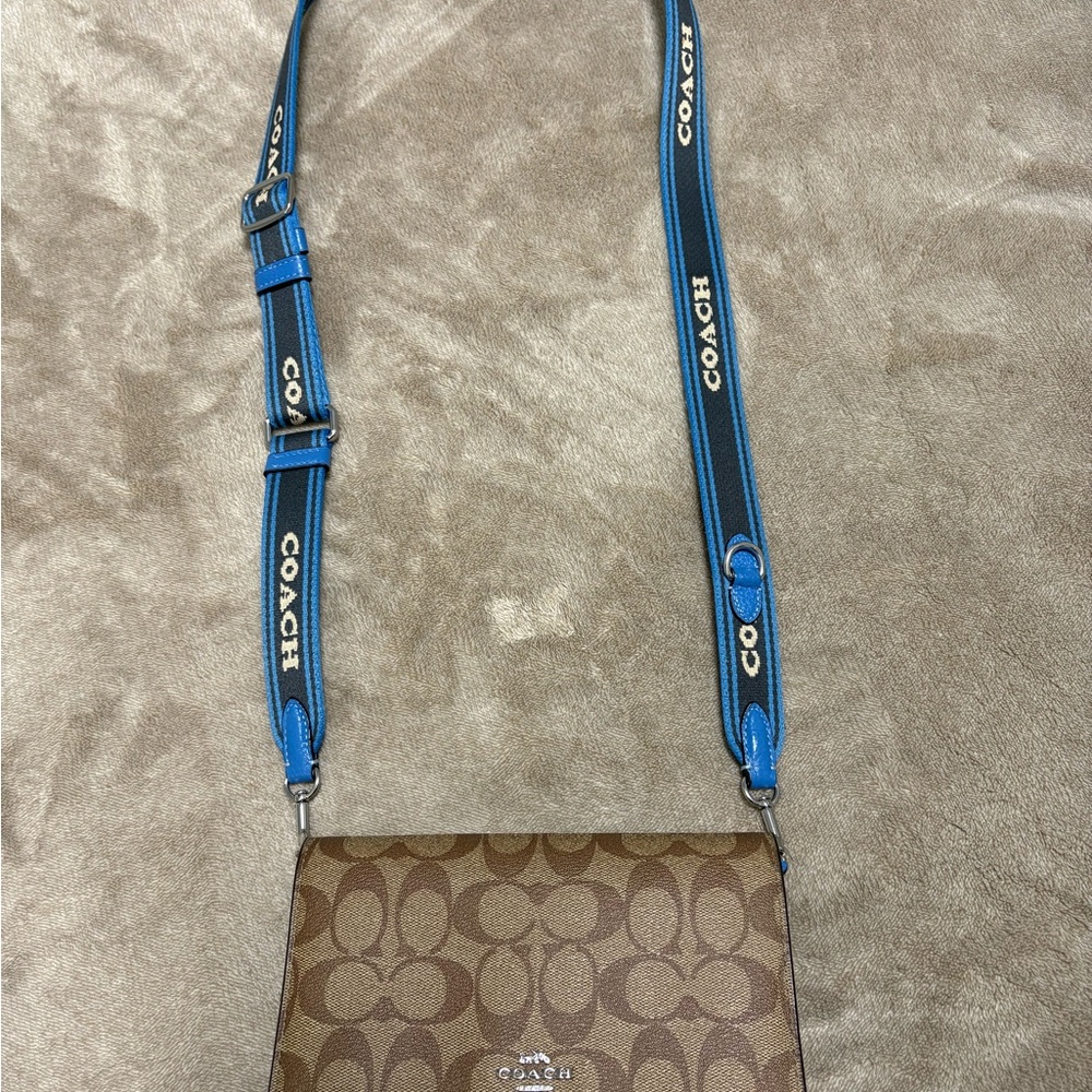Coach Anna Brown Crossbody Bag with Blue Strap